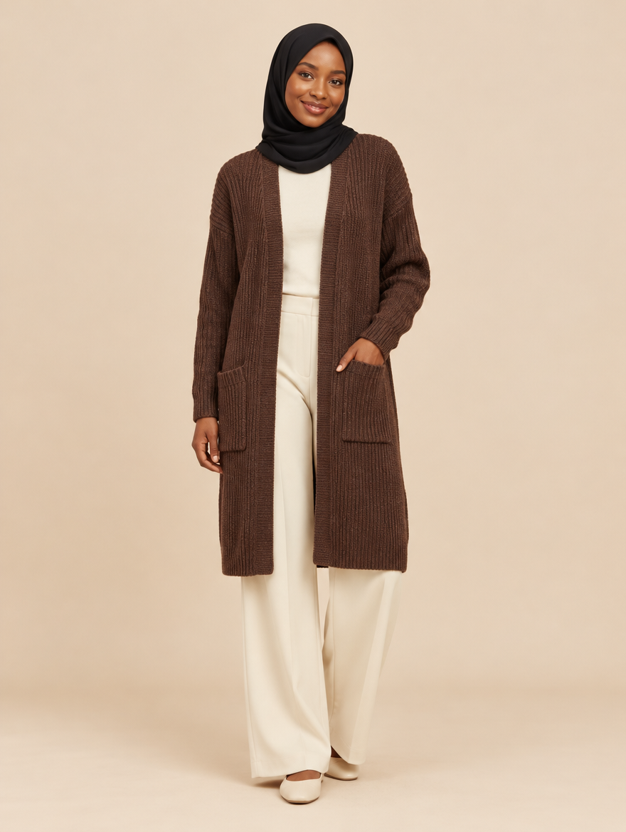 Model wearing the long brown knit cardigan