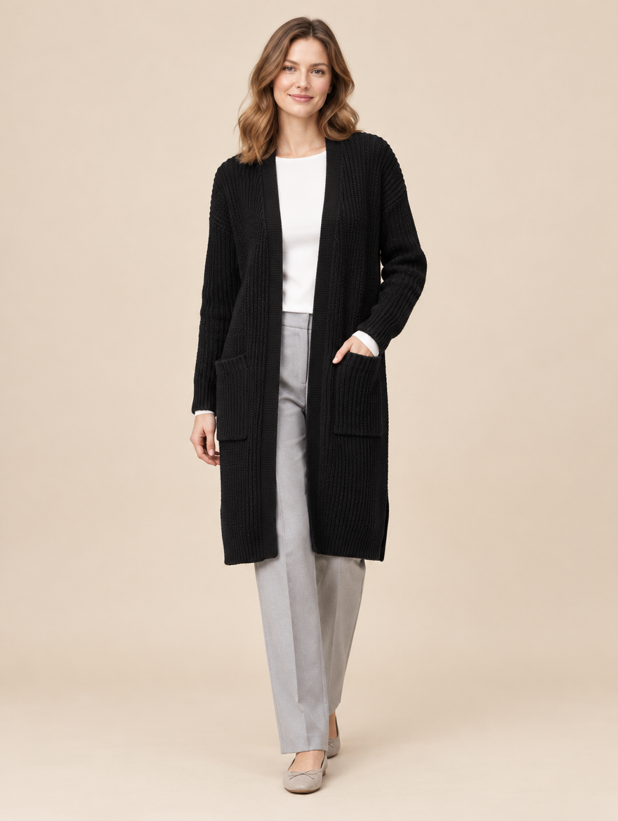 Long knit open-front cardigan in black with patch pockets