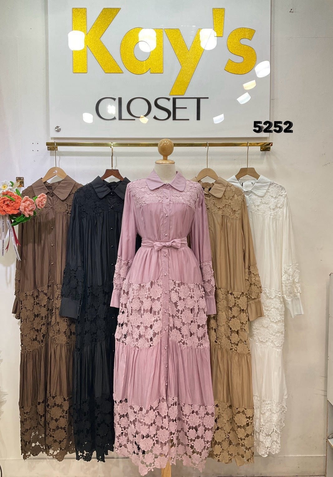 Lace Floral Button-Front Maxi Dress, Long Sleeve