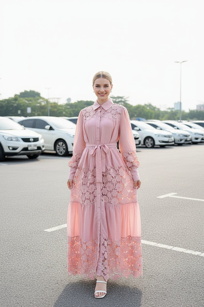Lace Floral Button-Front Maxi Dress, Long Sleeve