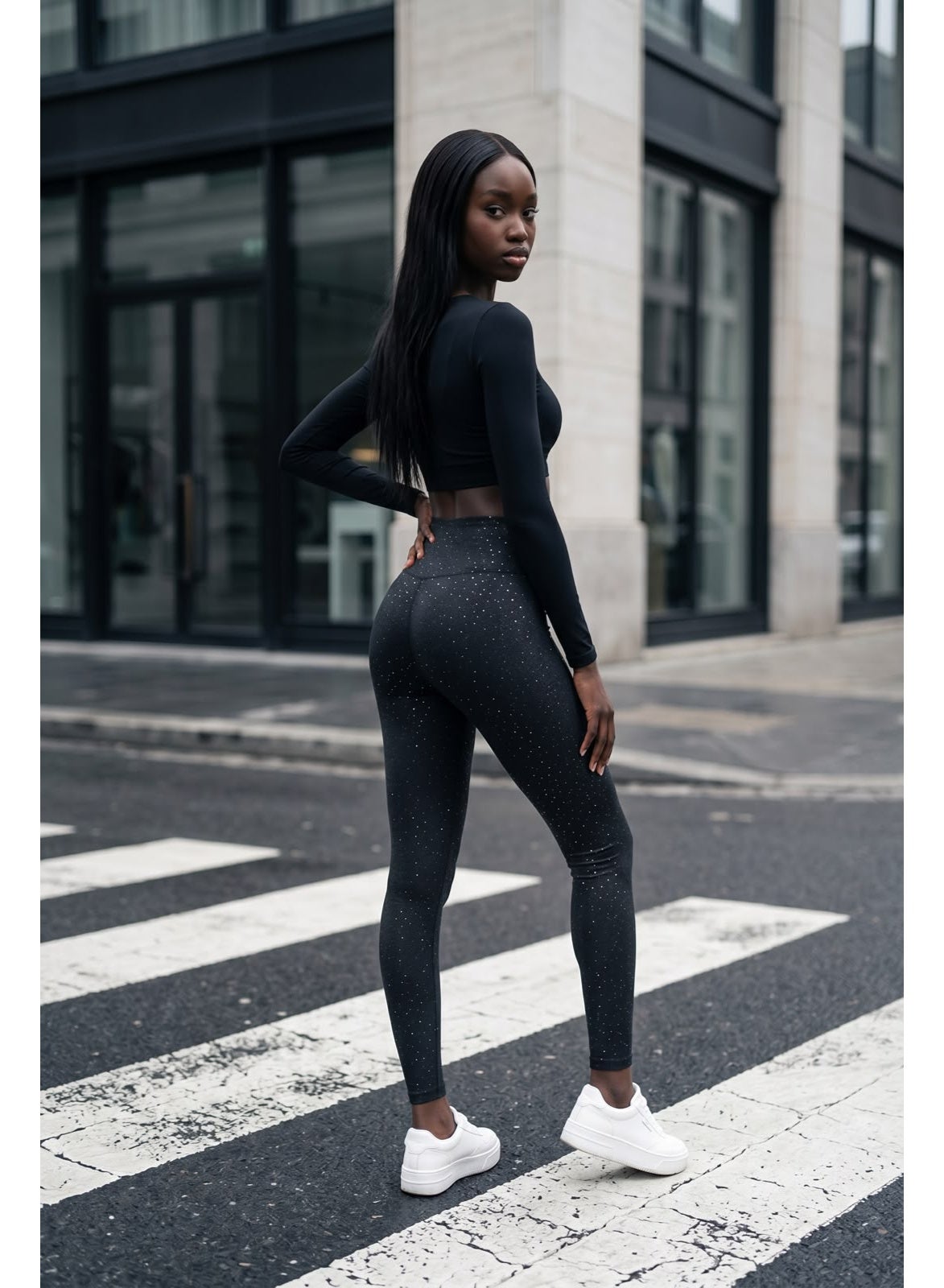 Black glitter leggings back view