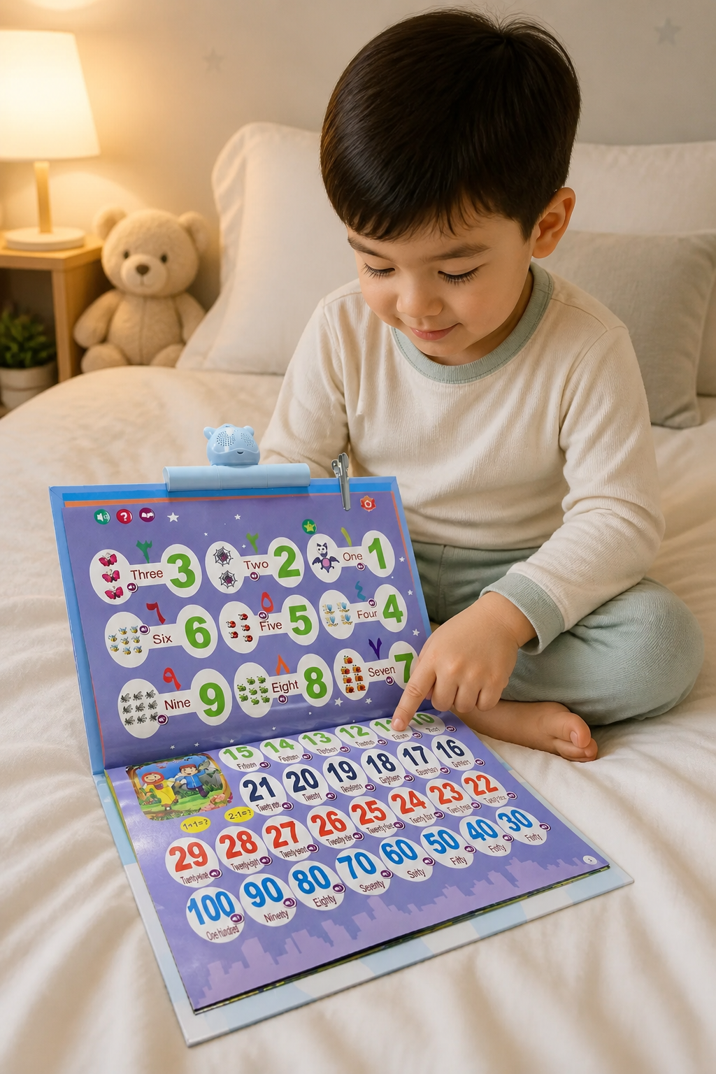 Toddler boy using the talking book on the bed