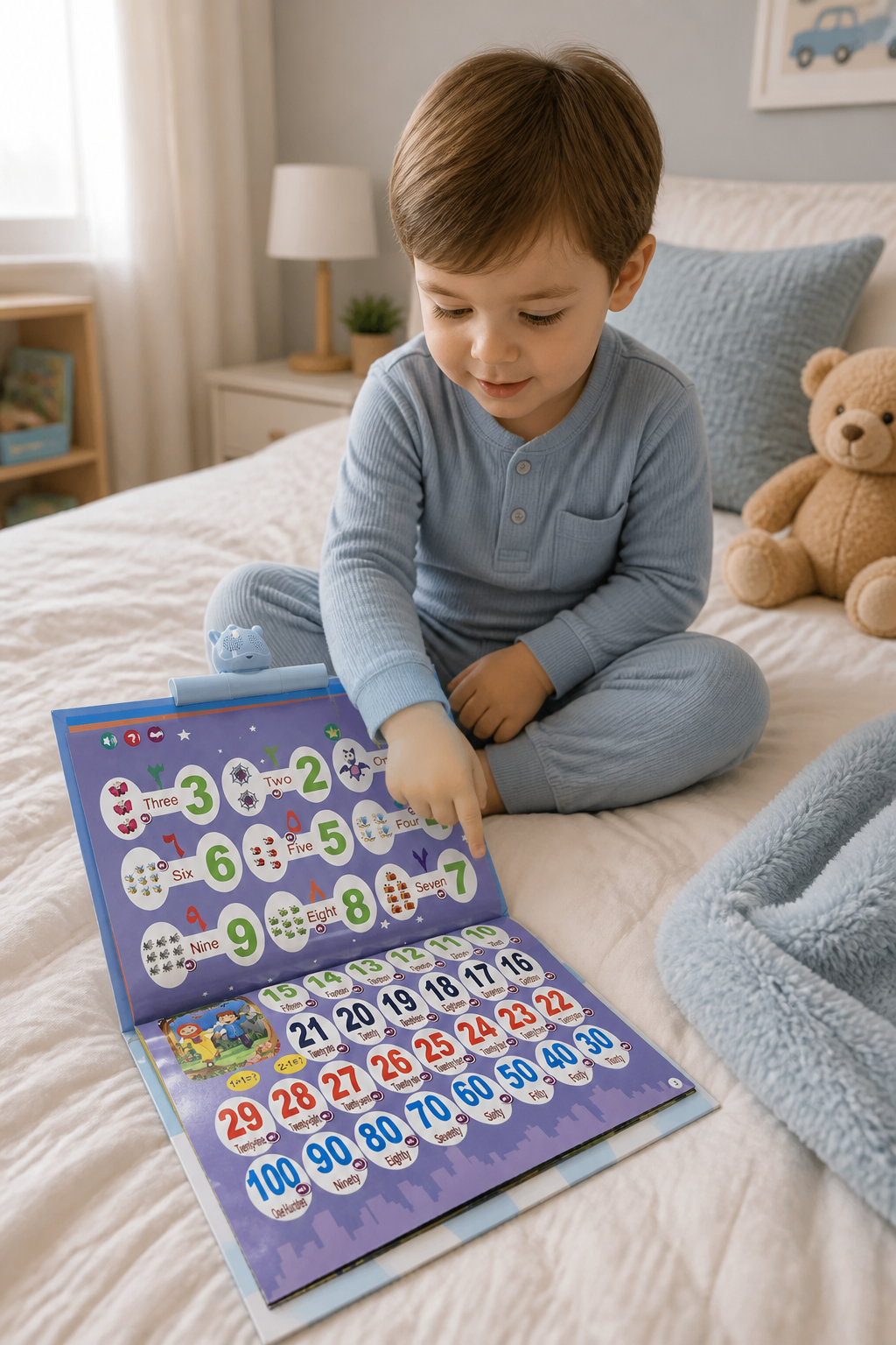 Toddler pointing at a page of the talking book