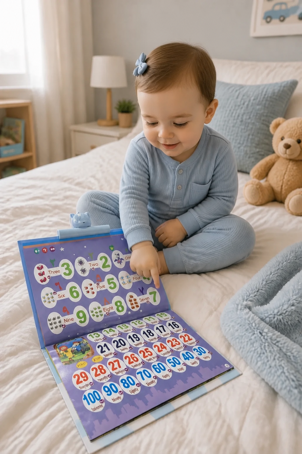 Baby exploring the interactive talking book on the bed