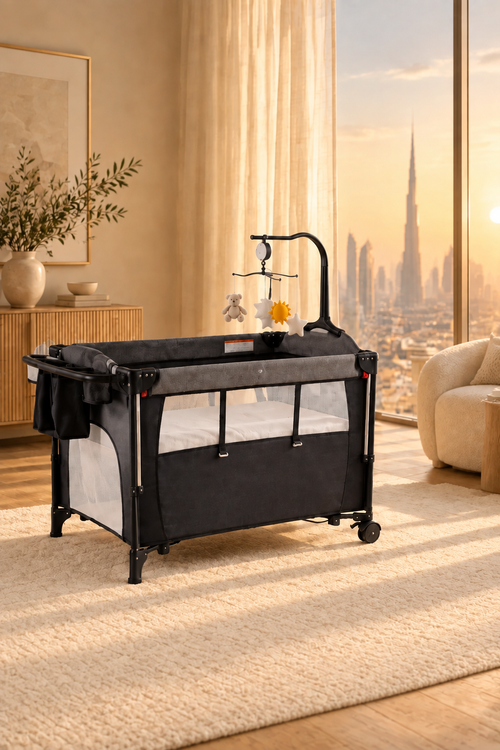 Black GOBEZ baby crib with wheels in a bedroom