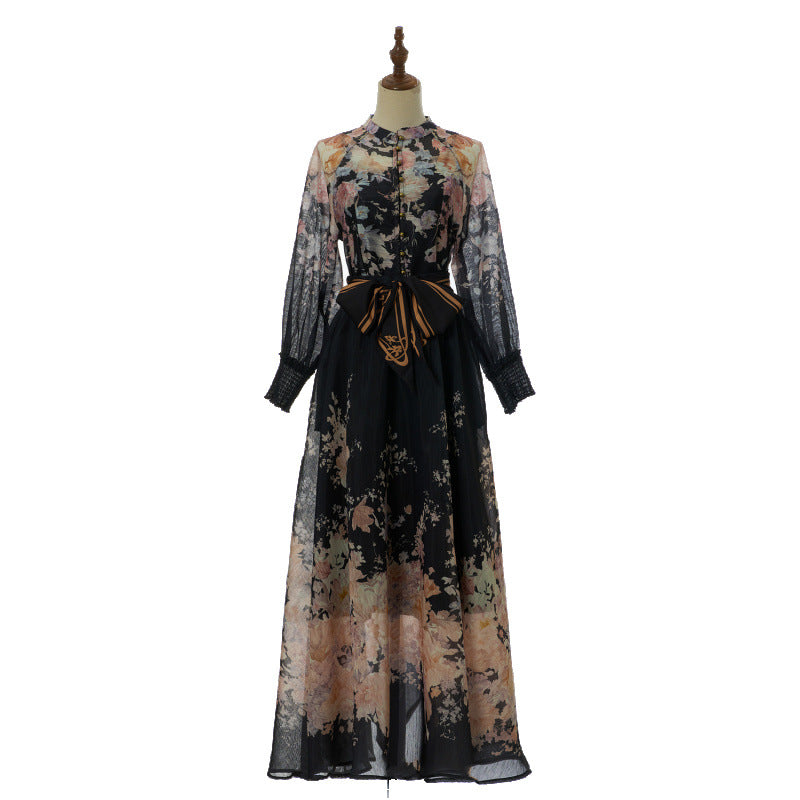 Aurelia Tie-Neck Floral Maxi Dress – Midnight Bloom
