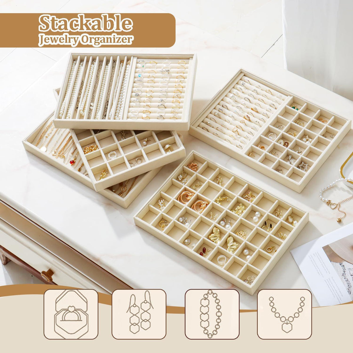 Beige stackable jewellery trays for rings, earrings and necklaces