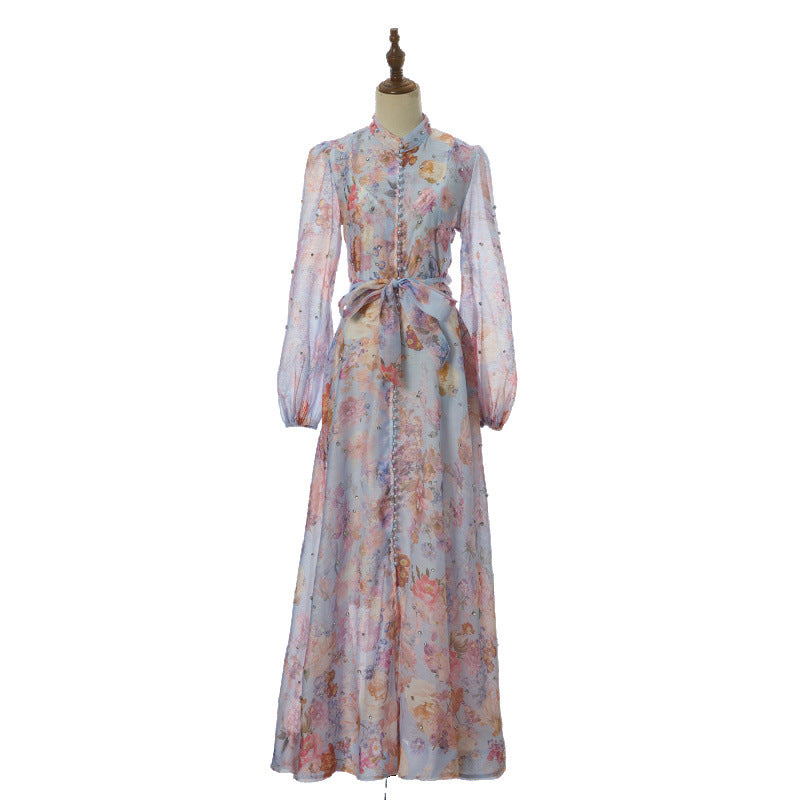 Isadora Pearl-Button Floral Maxi Dress – Lavender Paisley