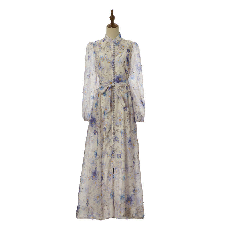 Isadora Pearl-Button Floral Maxi Dress – Ivory Indigo