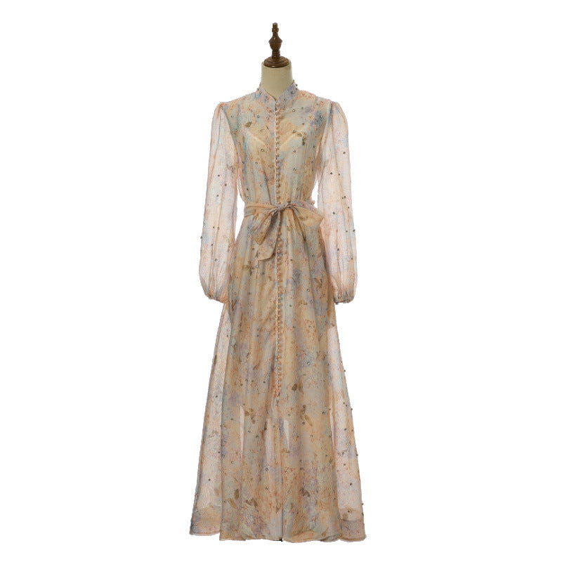 Isadora Pearl-Button Floral Maxi Dress – Peach Blush