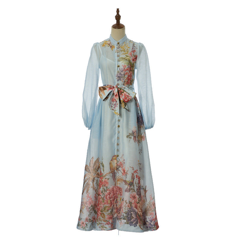 Celeste Satin-Bow Floral Maxi Dress – Powder Blue