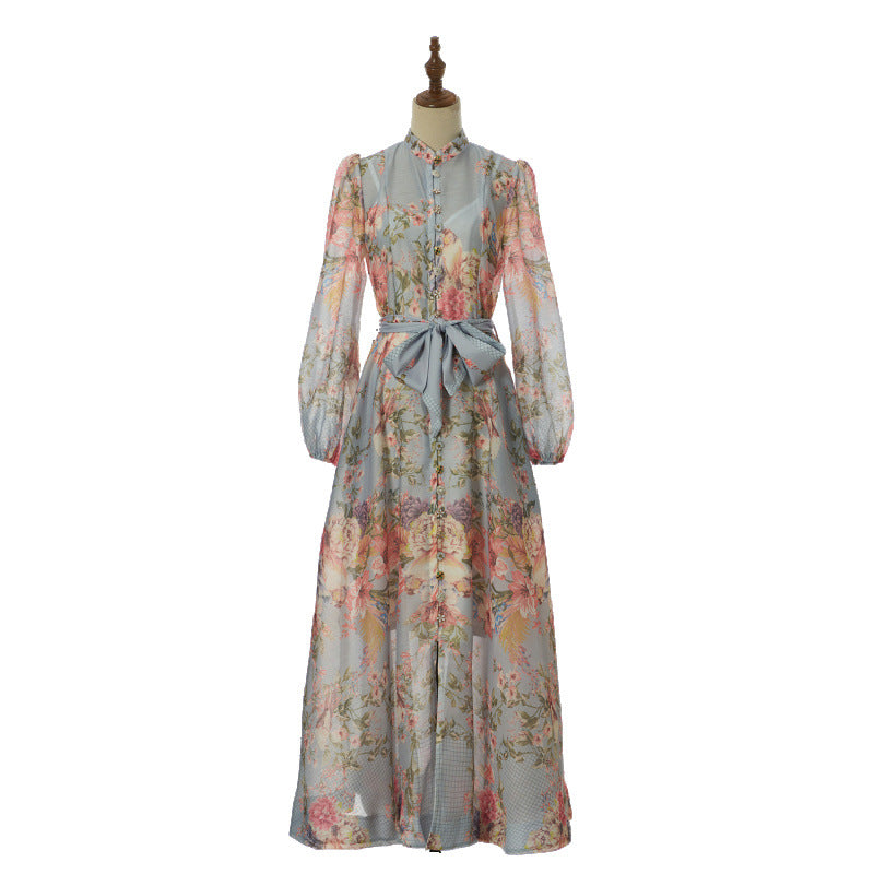 Celeste Satin-Bow Floral Maxi Dress – Dove Grey