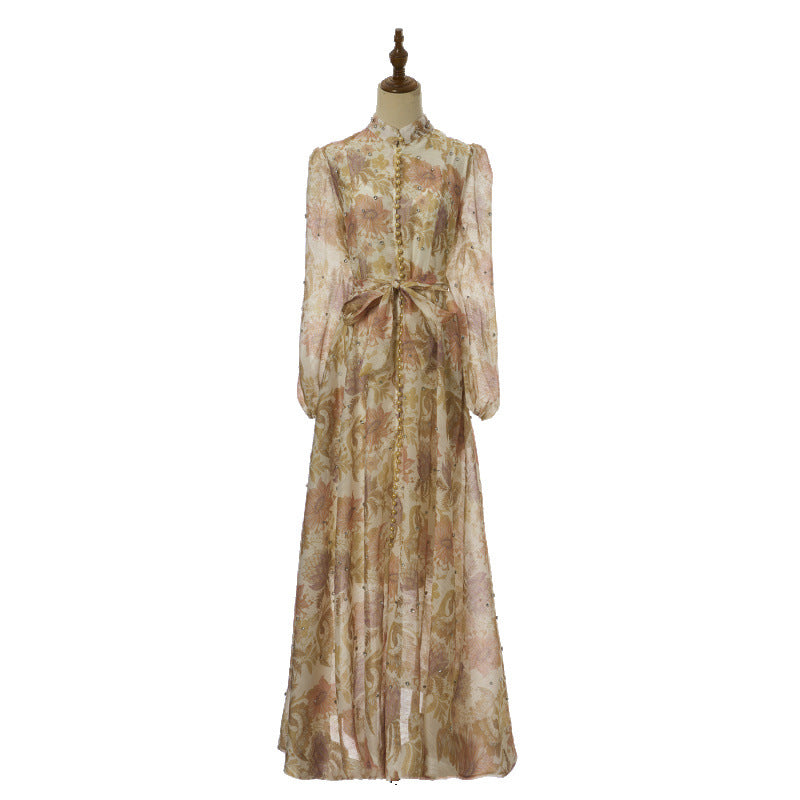 Isadora Pearl-Button Floral Maxi Dress – Antique Gold