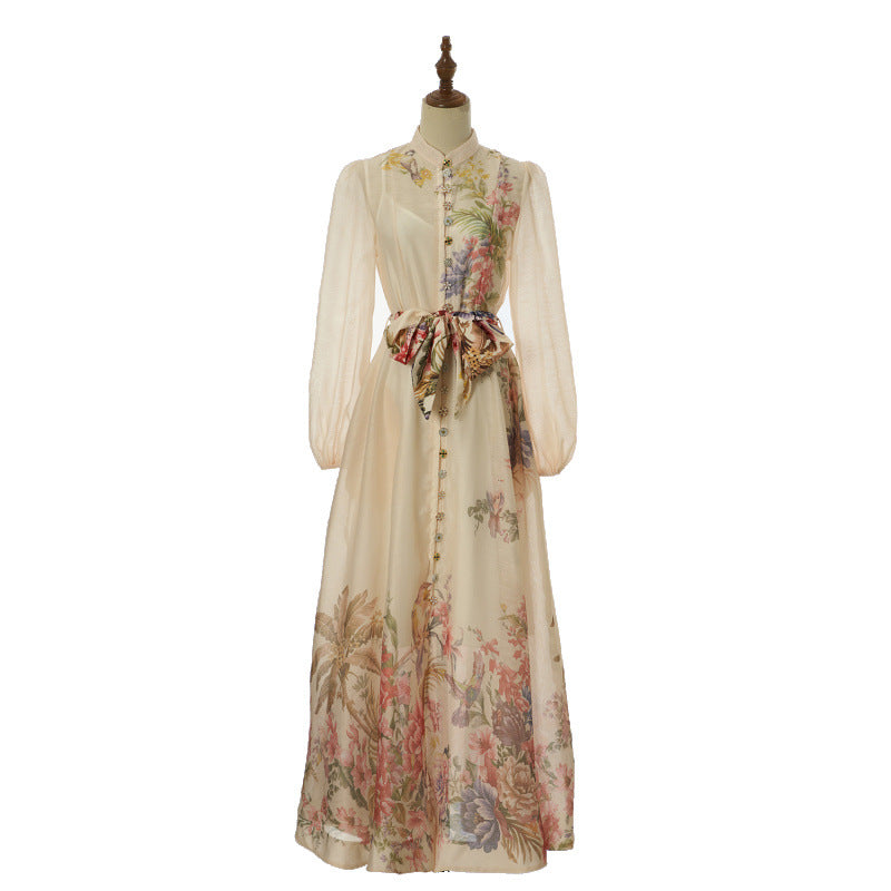 Celeste Satin-Bow Floral Maxi Dress – Ivory Scarf