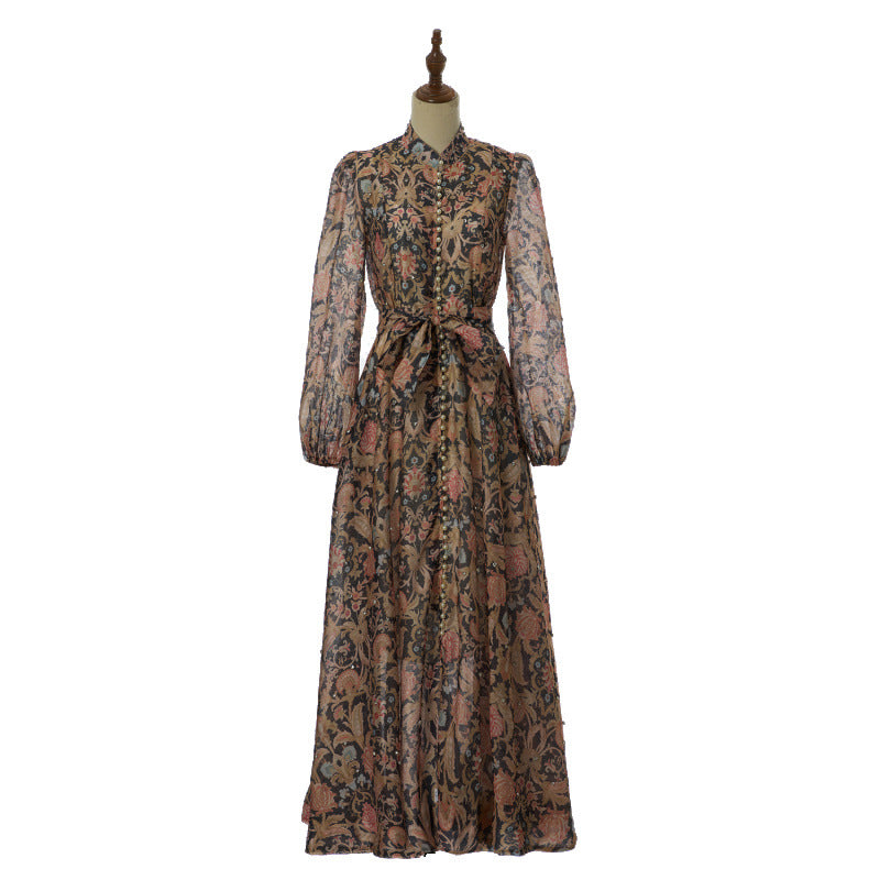 Isadora Pearl-Button Floral Maxi Dress – Mocha Paisley