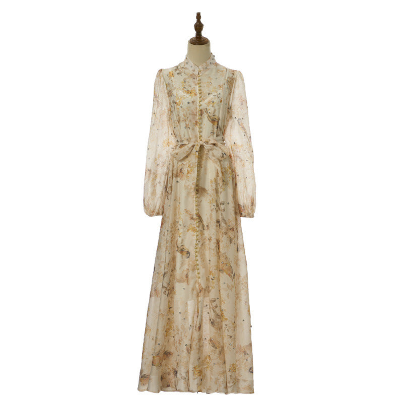 Isadora Pearl-Button Floral Maxi Dress – Golden Damask