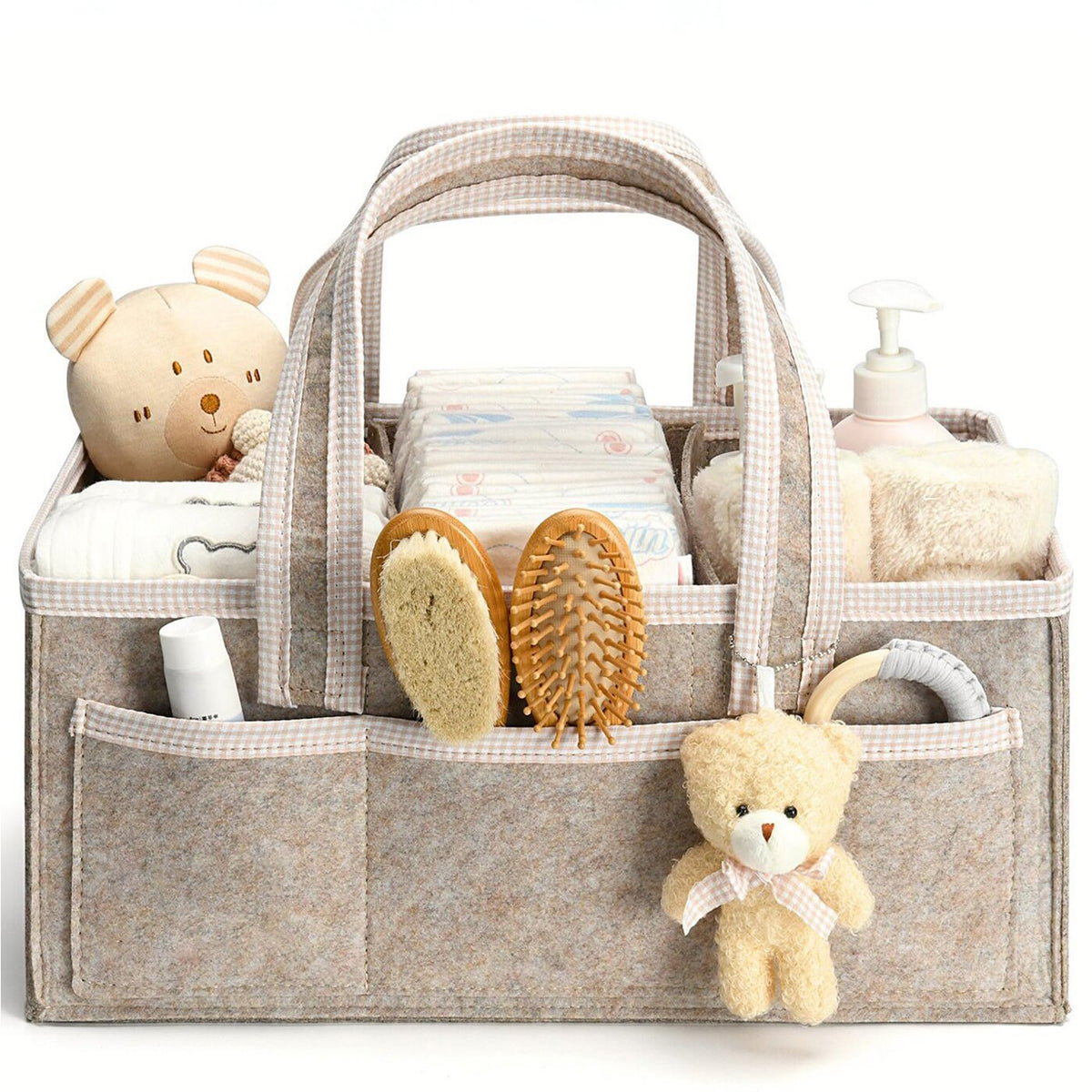 Oatmeal felt nursery diaper caddy with teddy charm