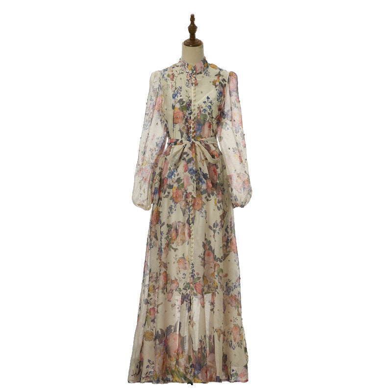 Isadora Pearl-Button Floral Maxi Dress – Ivory Bird Garden