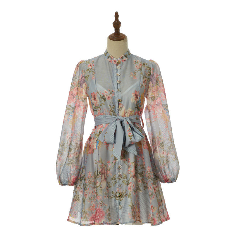 Celeste Satin-Bow Floral Mini Dress – Dove Grey