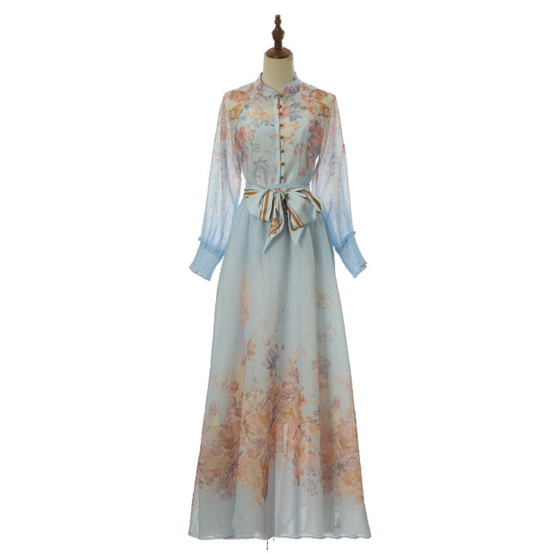 Aurelia Tie-Neck Floral Maxi Dress – Sky Peach Bloom