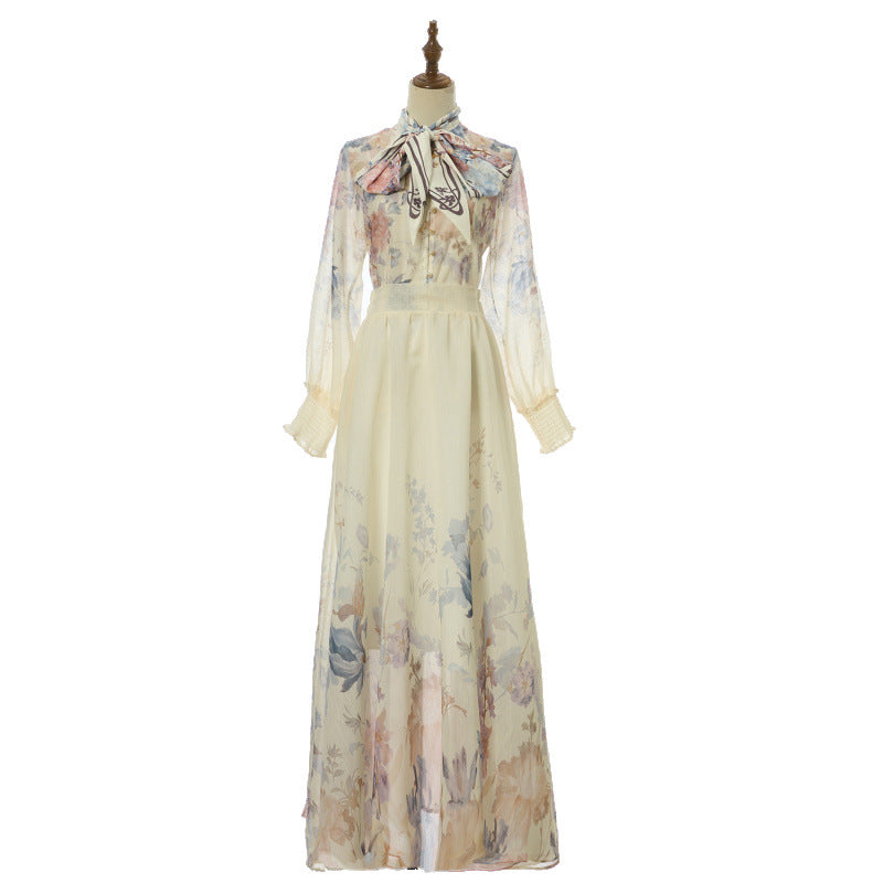 Aurelia Tie-Neck Floral Maxi Dress – Ivory Ink Bloom