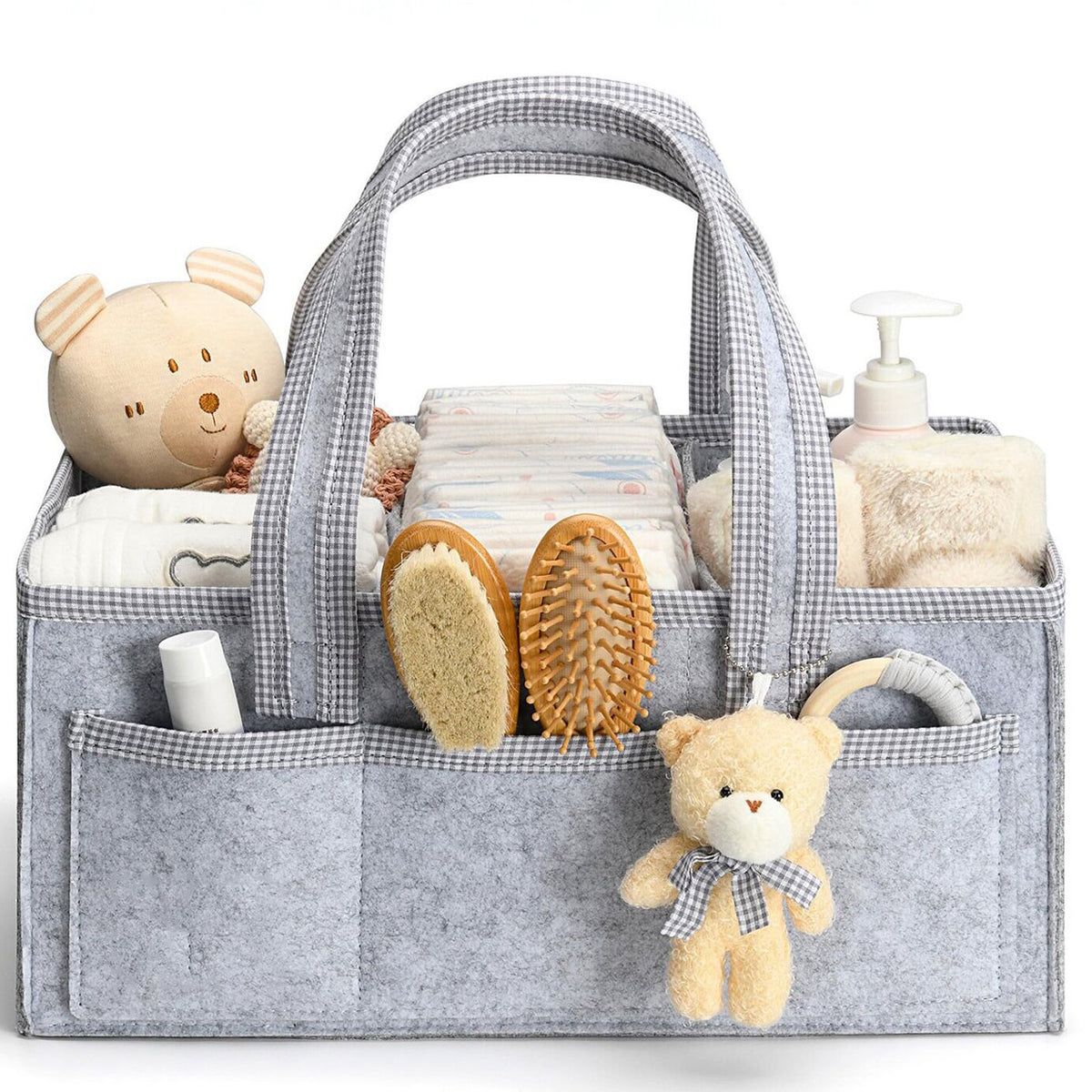Grey felt nursery diaper caddy with teddy charm, filled with baby essentials