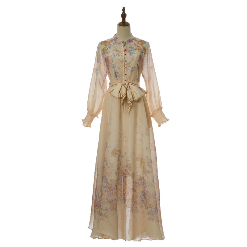 Aurelia Tie-Neck Floral Maxi Dress – Apricot Gold