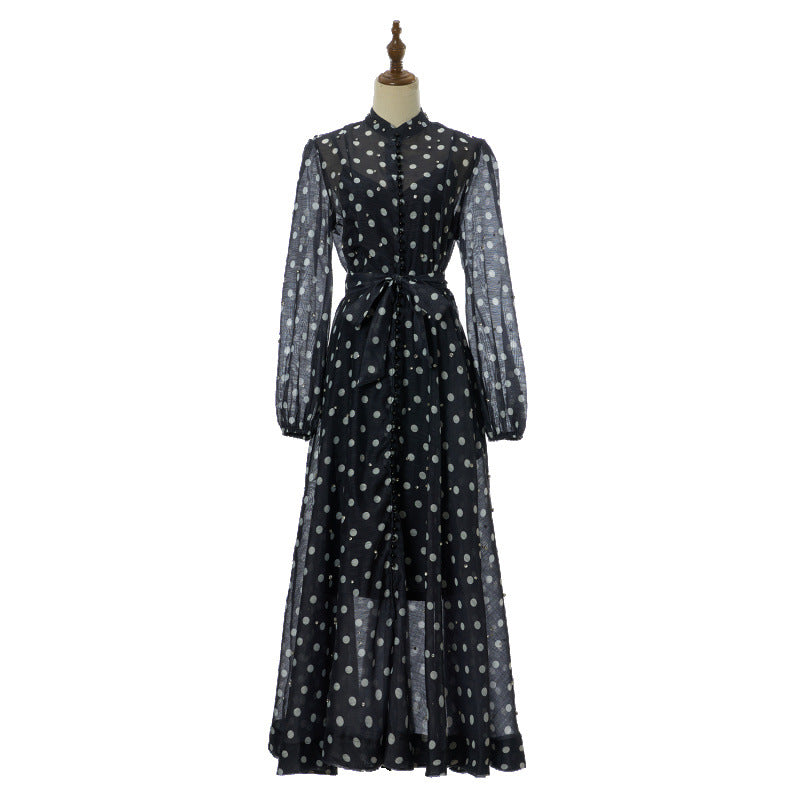 Isadora Pearl-Button Floral Maxi Dress – Black Polka Dot