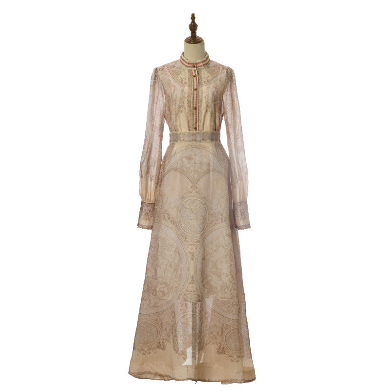 Aurelia Tie-Neck Floral Maxi Dress – Champagne Nude
