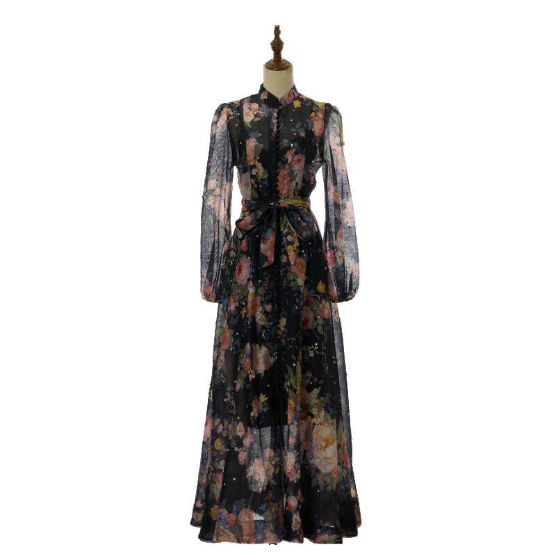 Isadora Pearl-Button Floral Maxi Dress – Midnight Rose