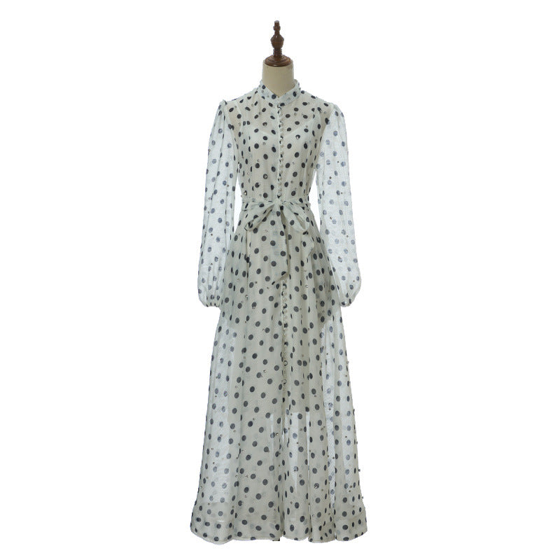 Isadora Pearl-Button Floral Maxi Dress – Ivory Polka Dot
