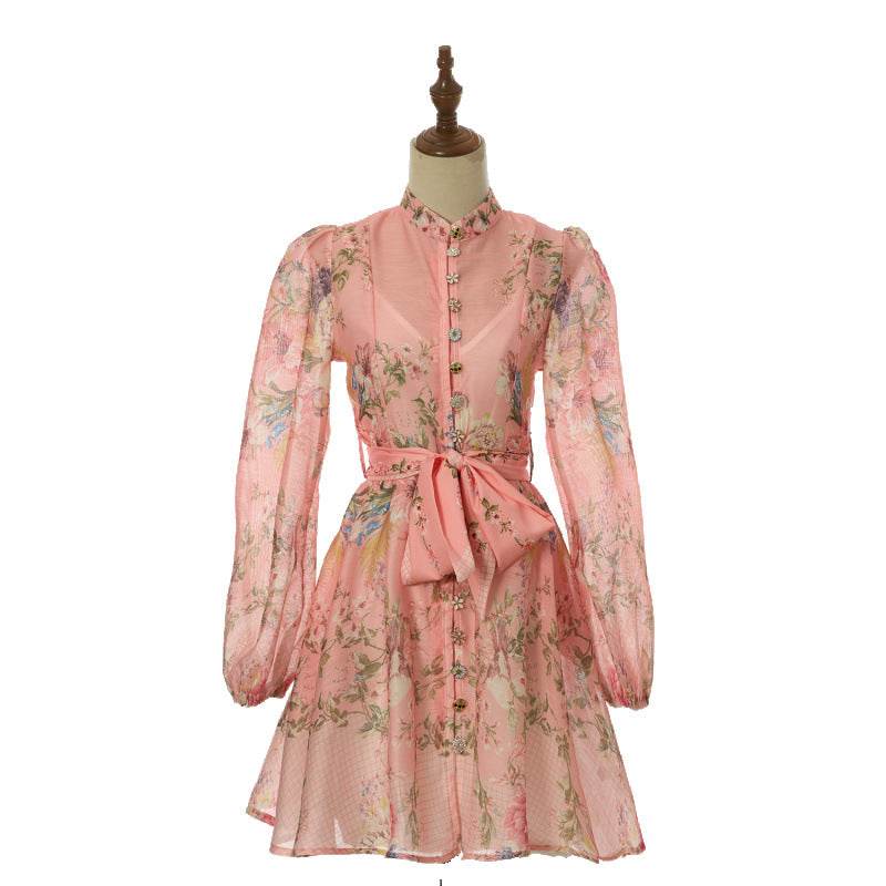 Celeste Satin-Bow Floral Mini Dress – Rose Blush