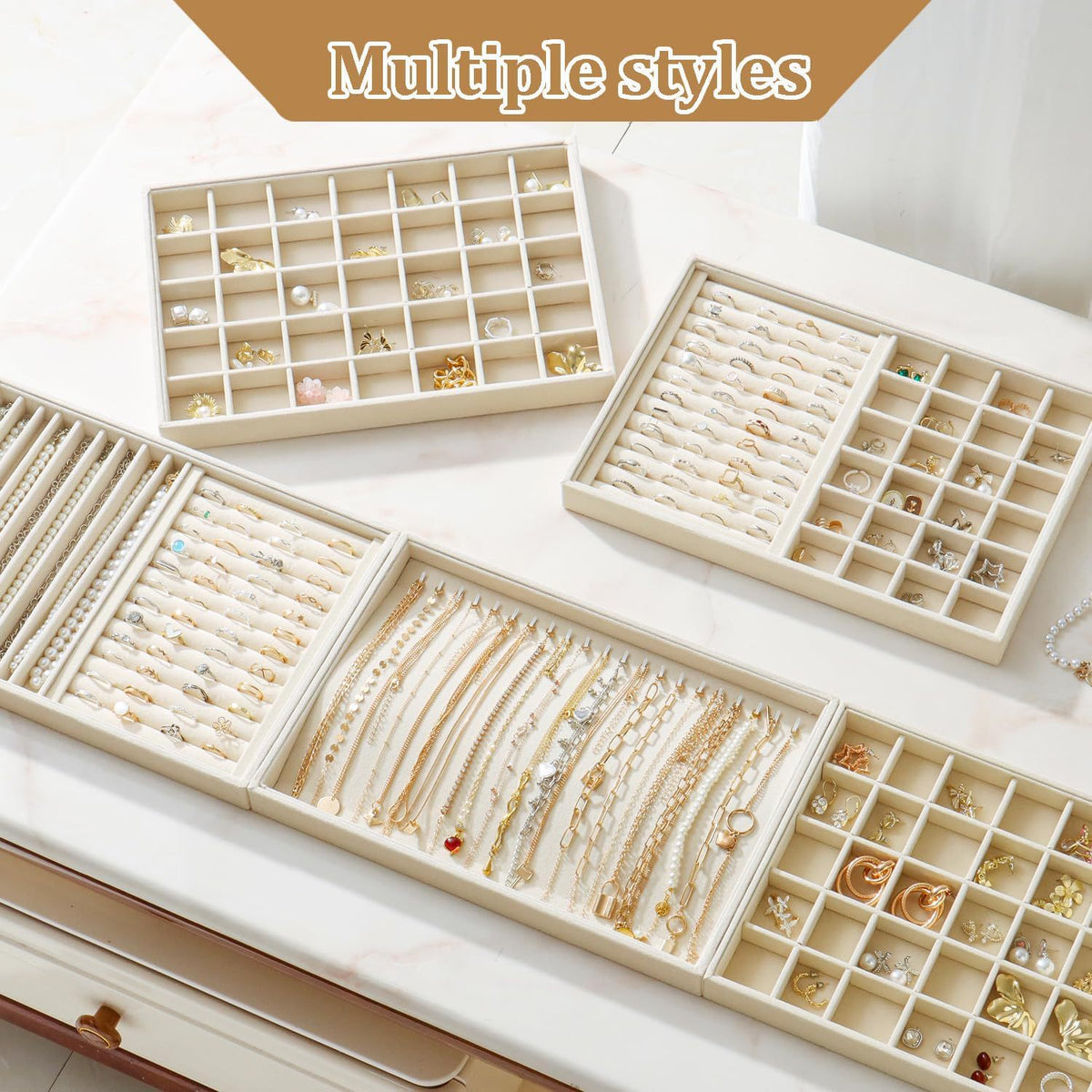 Jewellery trays in several compartment layouts