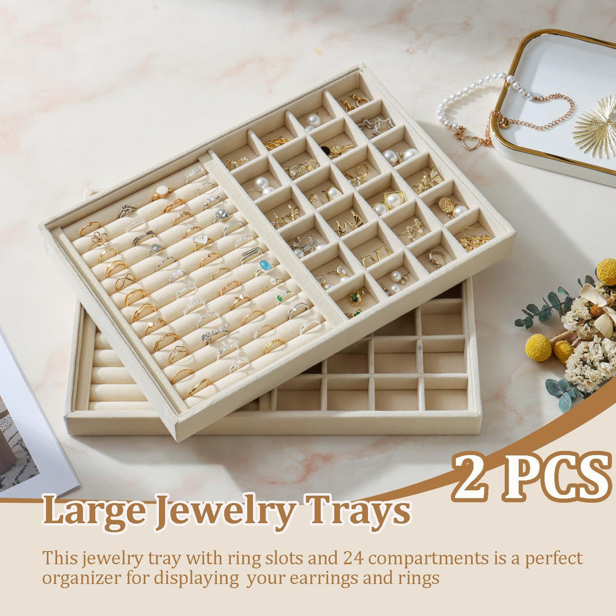 Jewellery tray 2-pack with ring slots and 24 compartments