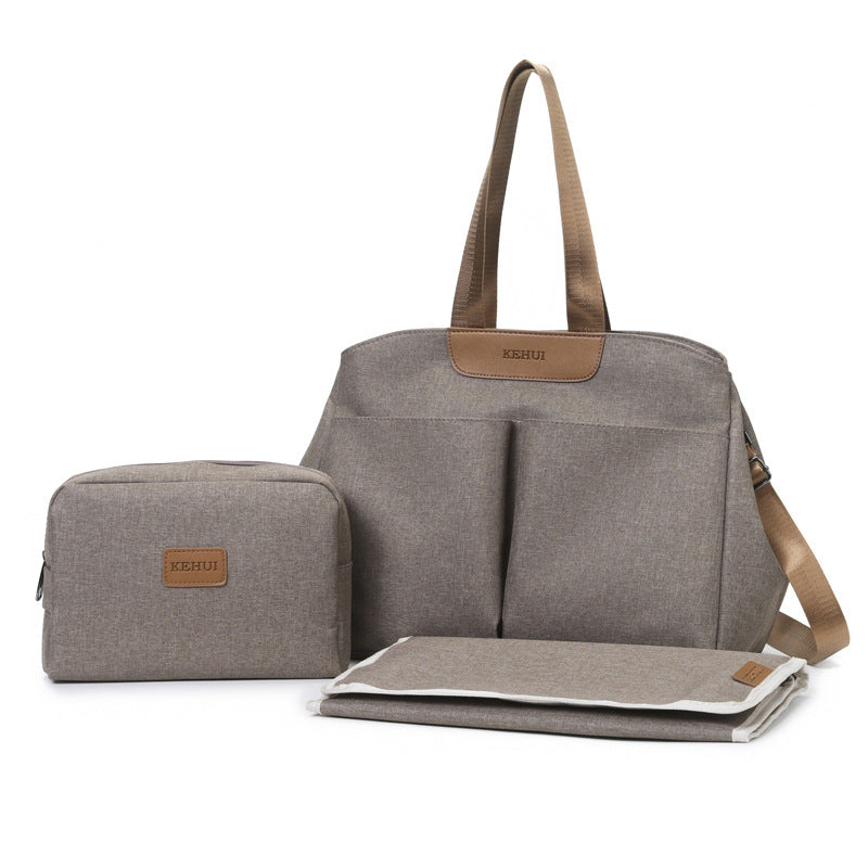 Brown 3-piece hospital bag set with tan shoulder strap