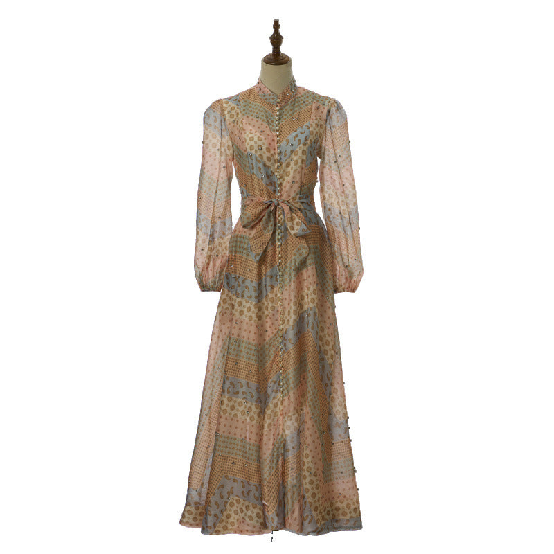 Isadora Pearl-Button Floral Maxi Dress – Caramel Mosaic
