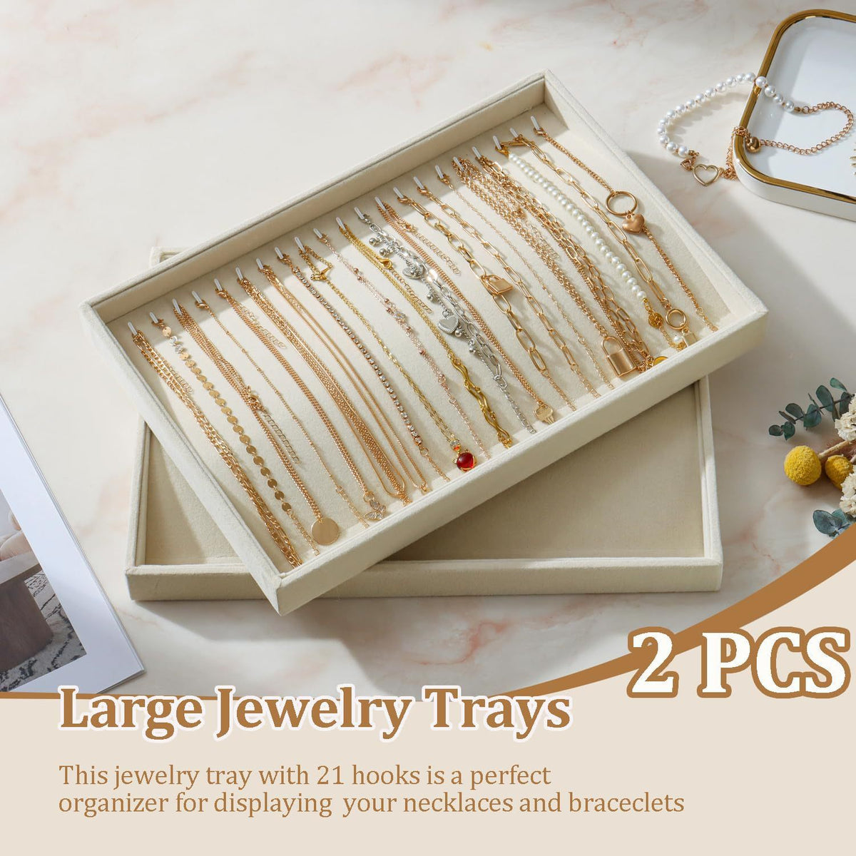 Jewellery tray 2-pack with necklace hooks