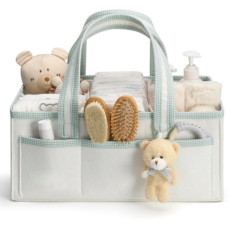 Green felt nursery diaper caddy with teddy charm