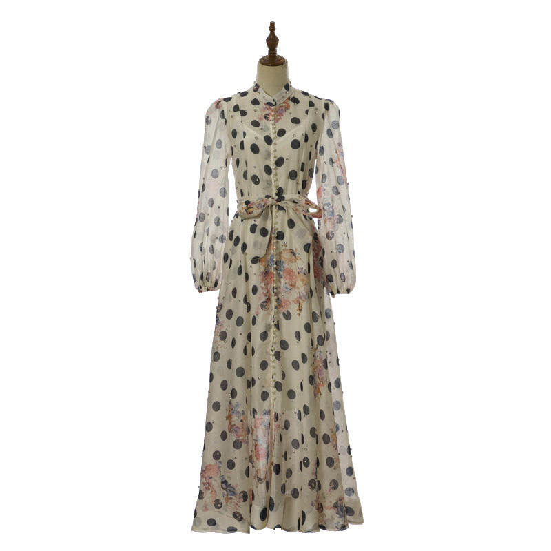 Isadora Pearl-Button Floral Maxi Dress – Taupe Polka Floral