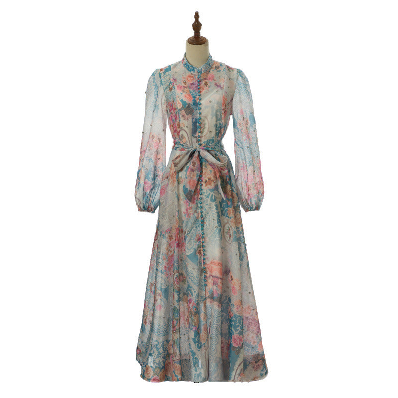 Isadora Pearl-Button Floral Maxi Dress – Aqua Patchwork