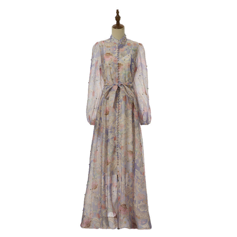 Isadora Pearl-Button Floral Maxi Dress – Lilac Mist