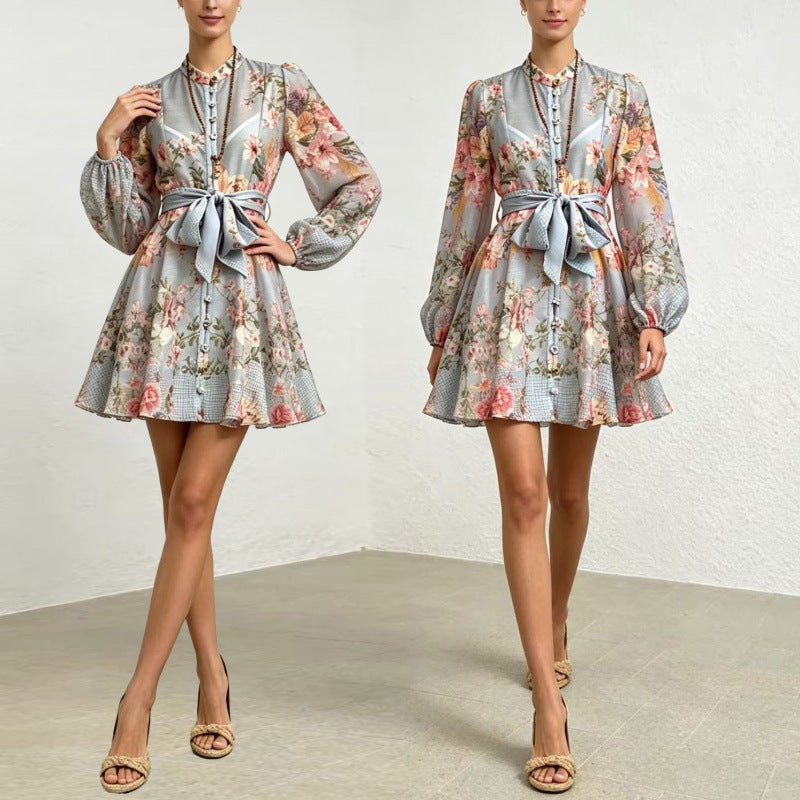 Celeste Satin-Bow Floral Mini Dress