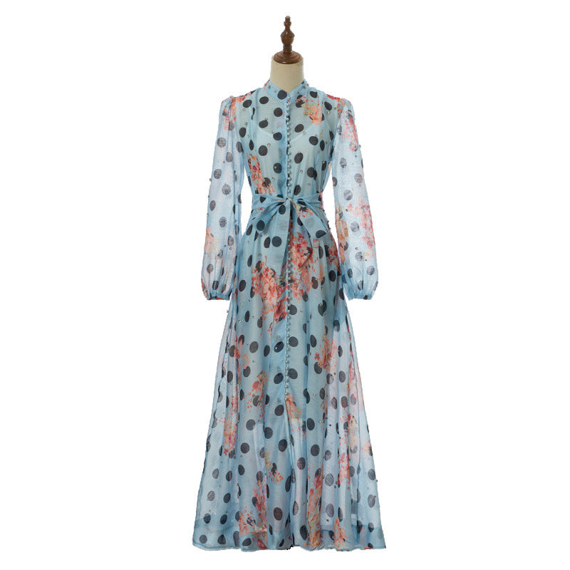 Isadora Pearl-Button Floral Maxi Dress – Sky Polka Rose