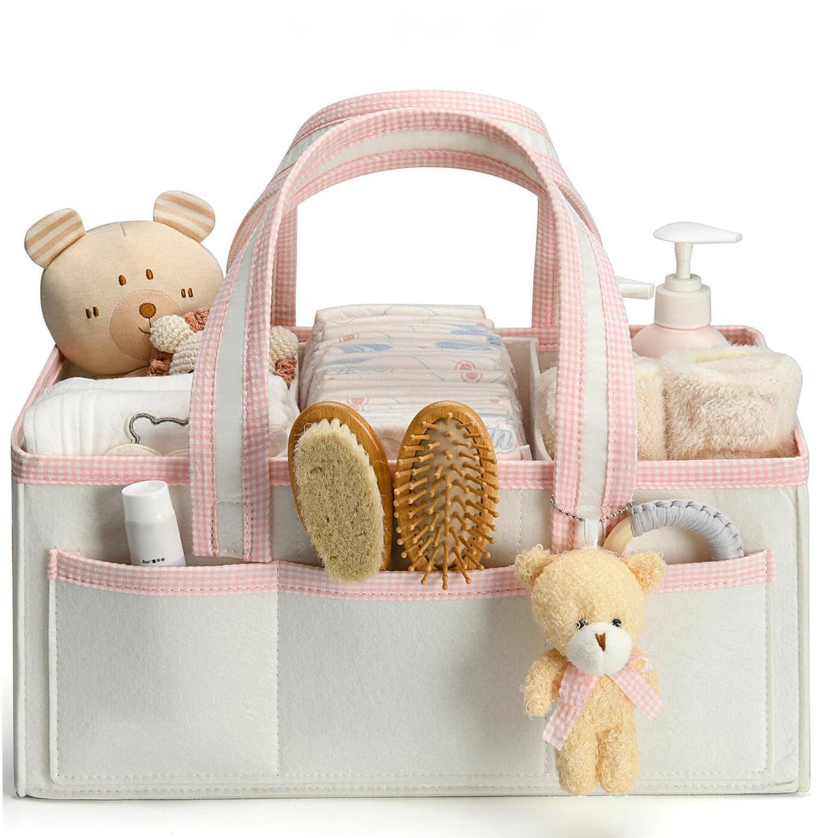 Pink felt nursery diaper caddy with teddy charm