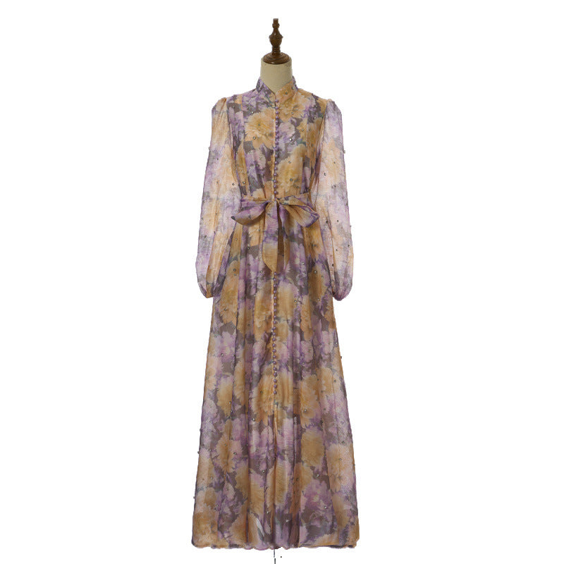 Isadora Pearl-Button Floral Maxi Dress – Saffron Lilac