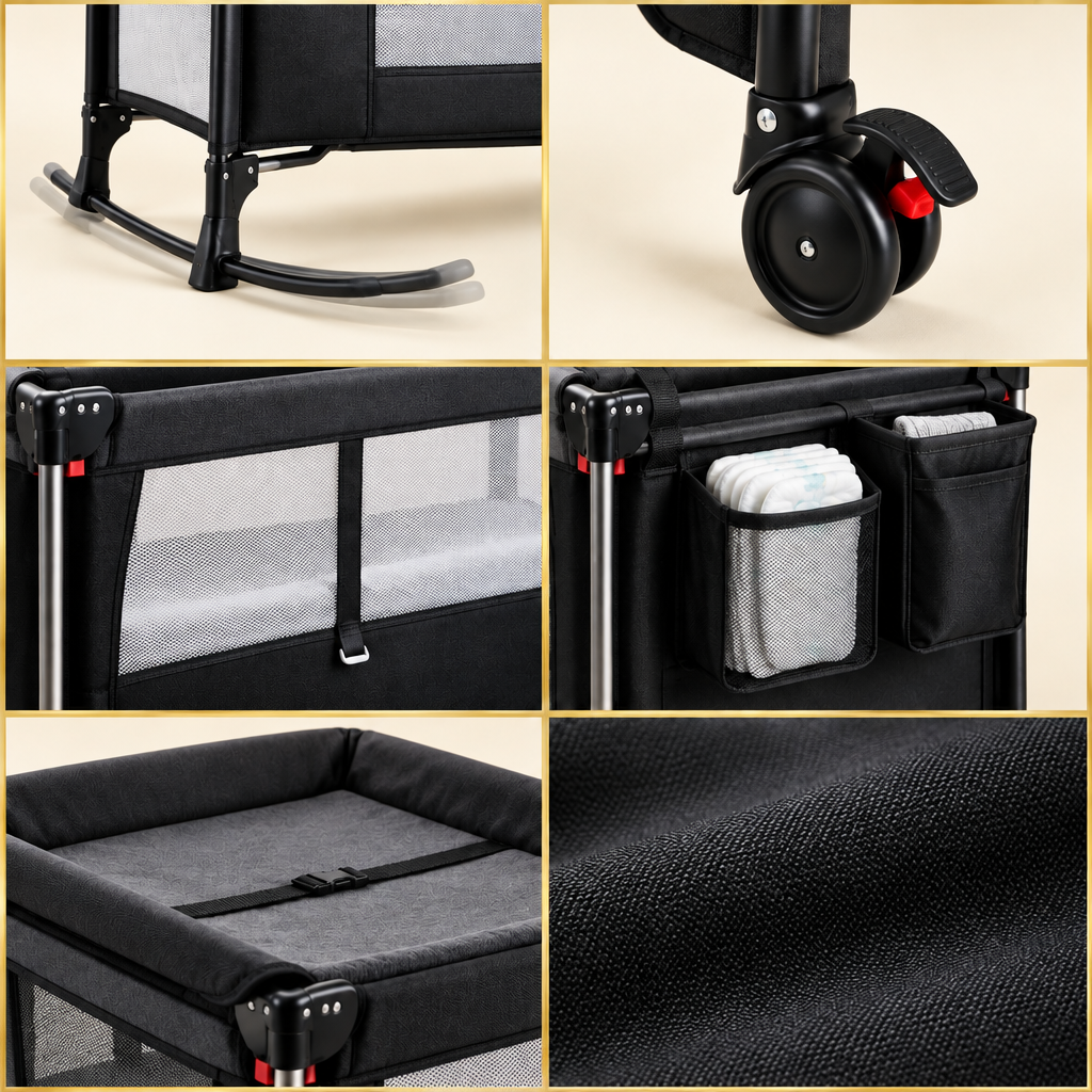 Close-up of the crib's rocking base, wheel, side organiser, mesh and changing top