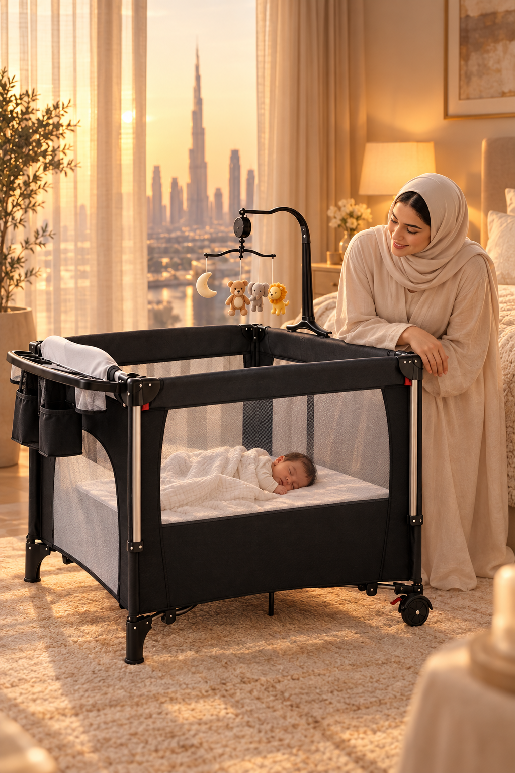 Mother standing beside the GOBEZ rocking baby crib