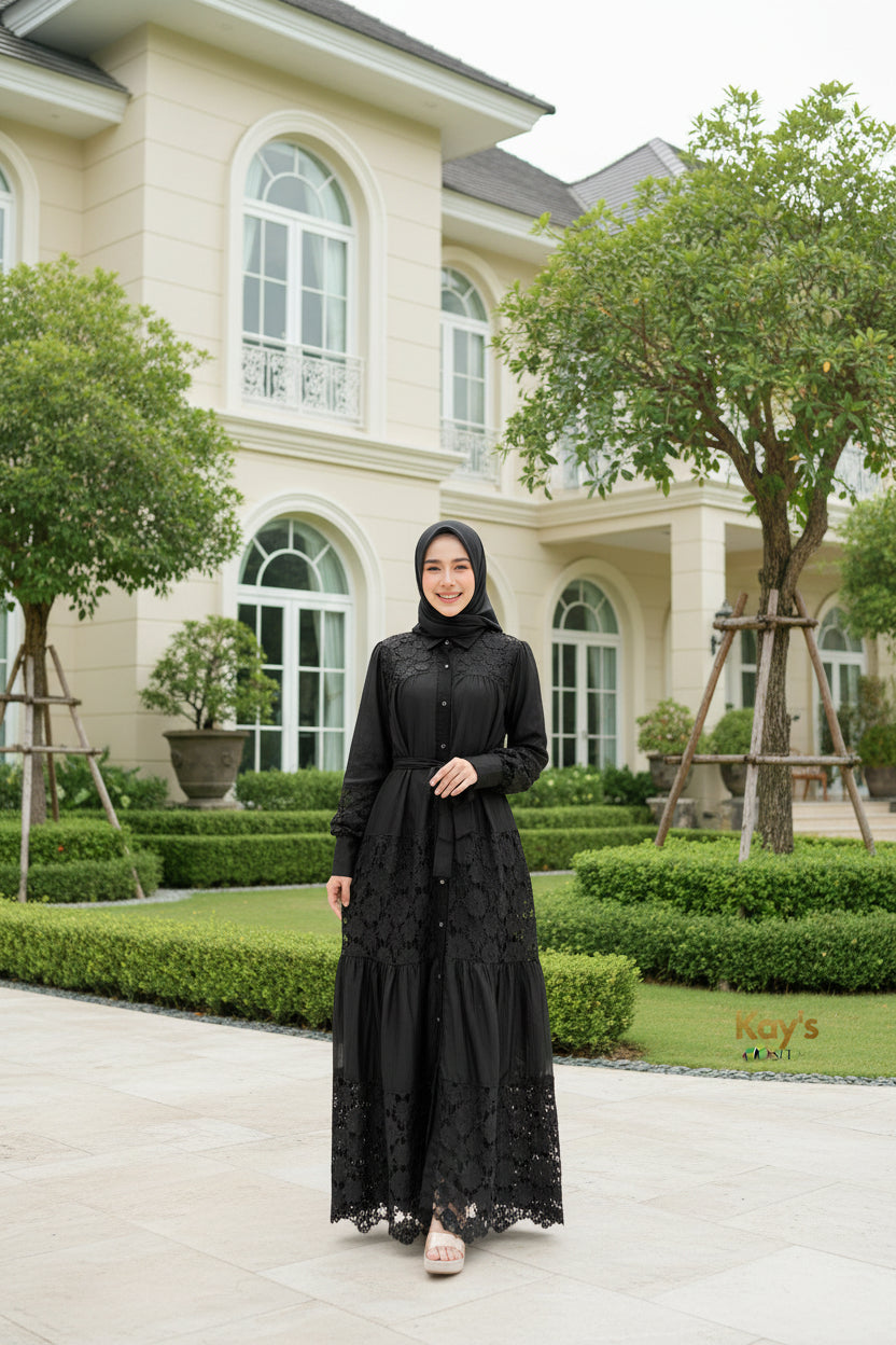 Lace Floral Button-Front Maxi Dress, Long Sleeve