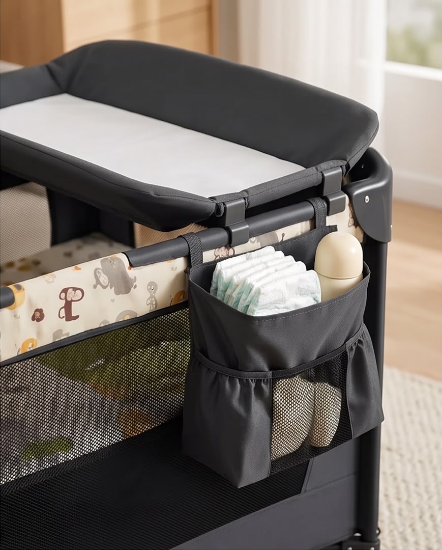Side storage organiser pocket on the GOBEZ crib