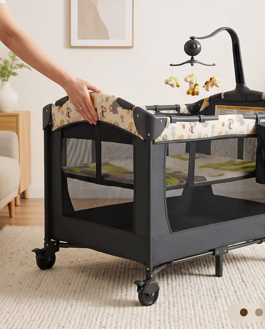 GOBEZ crib with changing top and toy mobile fitted